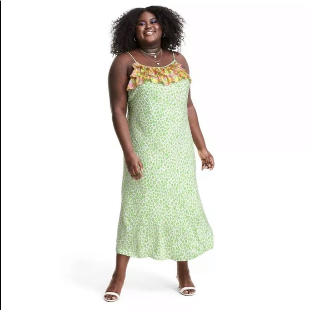 Rixo For Target Slip Dress 4X Sleeveless Ruffle Leopard Print Green White NWT